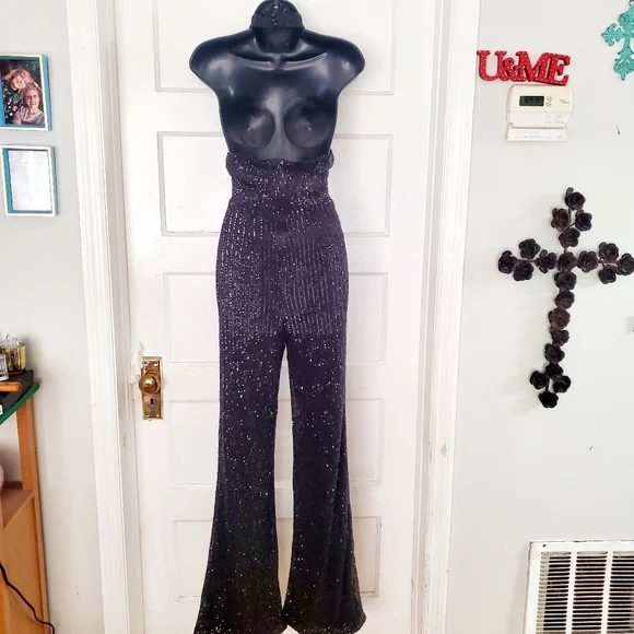 Black Glitter Halter Jumpsuit - Picture 4 of 7